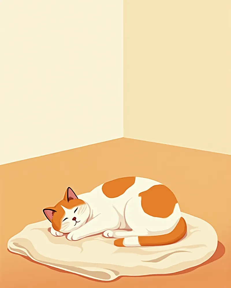 희귀한 수컷 삼색 고양이가 담요 위에서 쉬는 모습