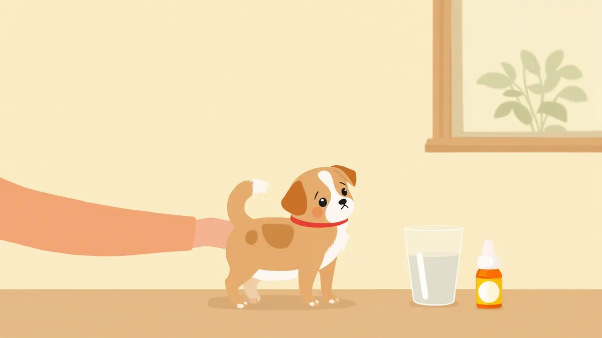 불안해하는 강아지를 보호자가 안심시키는 모습과 안정 영양제