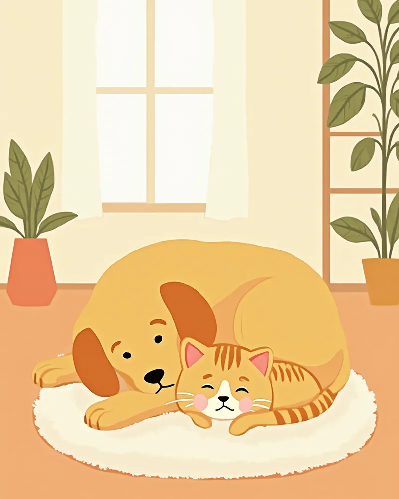 편안하게 휴식을 취하는 강아지와 고양이