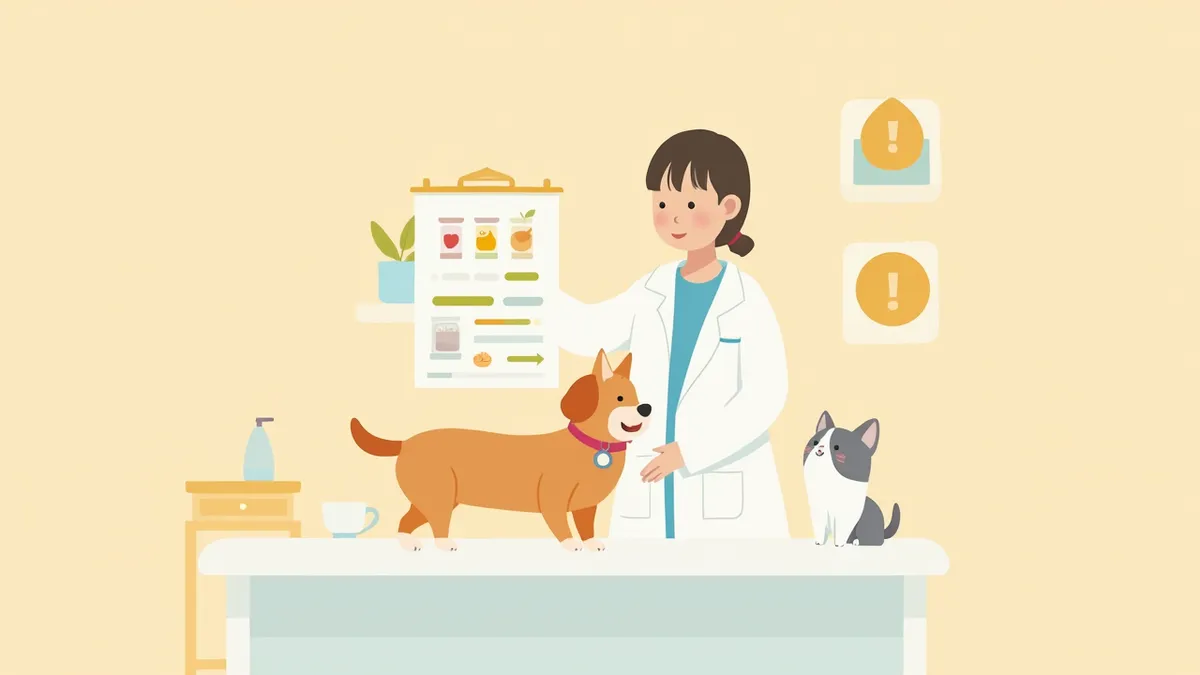 수의사가 강아지와 고양이에게 영양 차트를 보여주는 장면