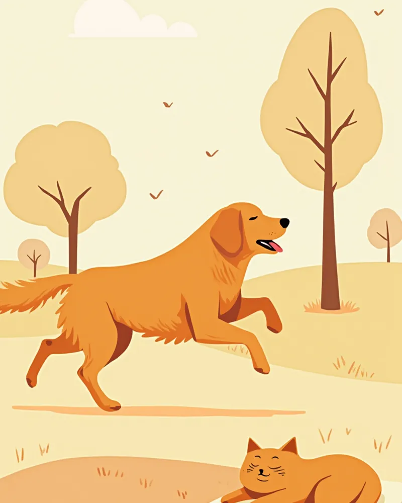 활동적인 강아지와 쉬고 있는 고양이의 대비 일러스트