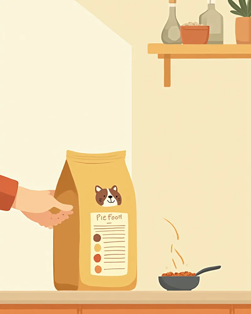 사료 봉투 영양 성분표와 계량 스쿱 일러스트