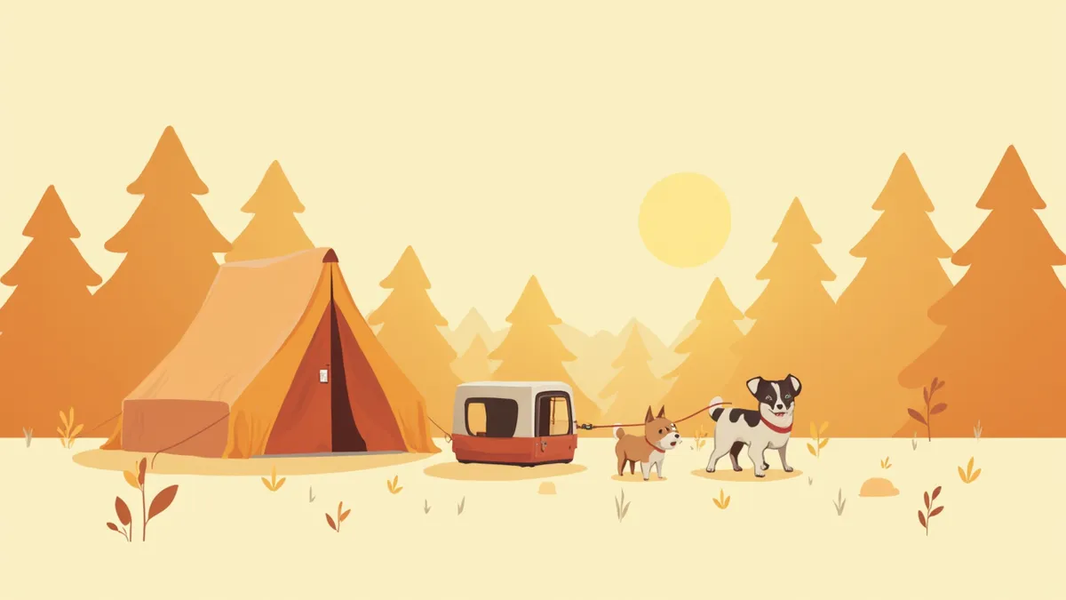 텐트 앞에서 리드줄을 맨 강아지와 이동장 속 고양이가 함께 있는 캠핑 장면