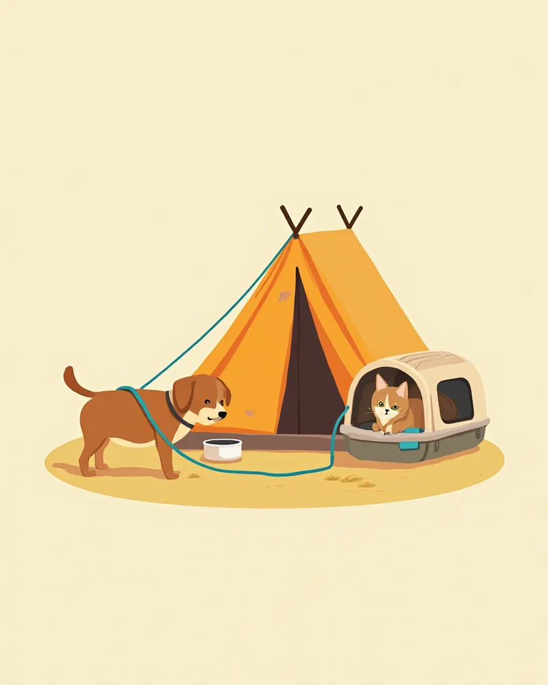 텐트 옆에서 휴대용 물그릇에 물을 마시는 강아지와 이동장에서 쉬는 고양이