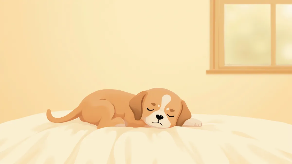 배가 불편해 보이는 어린 강아지의 모습