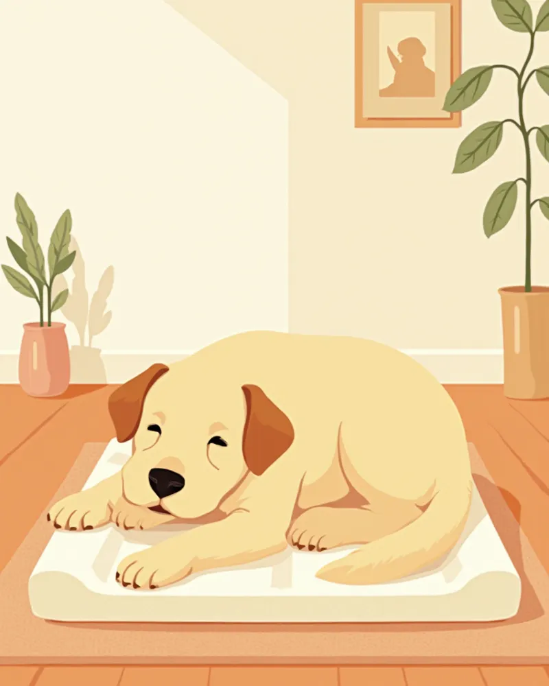 미끄럼 방지 매트와 정형용 침대에서 편안히 쉬는 노령견