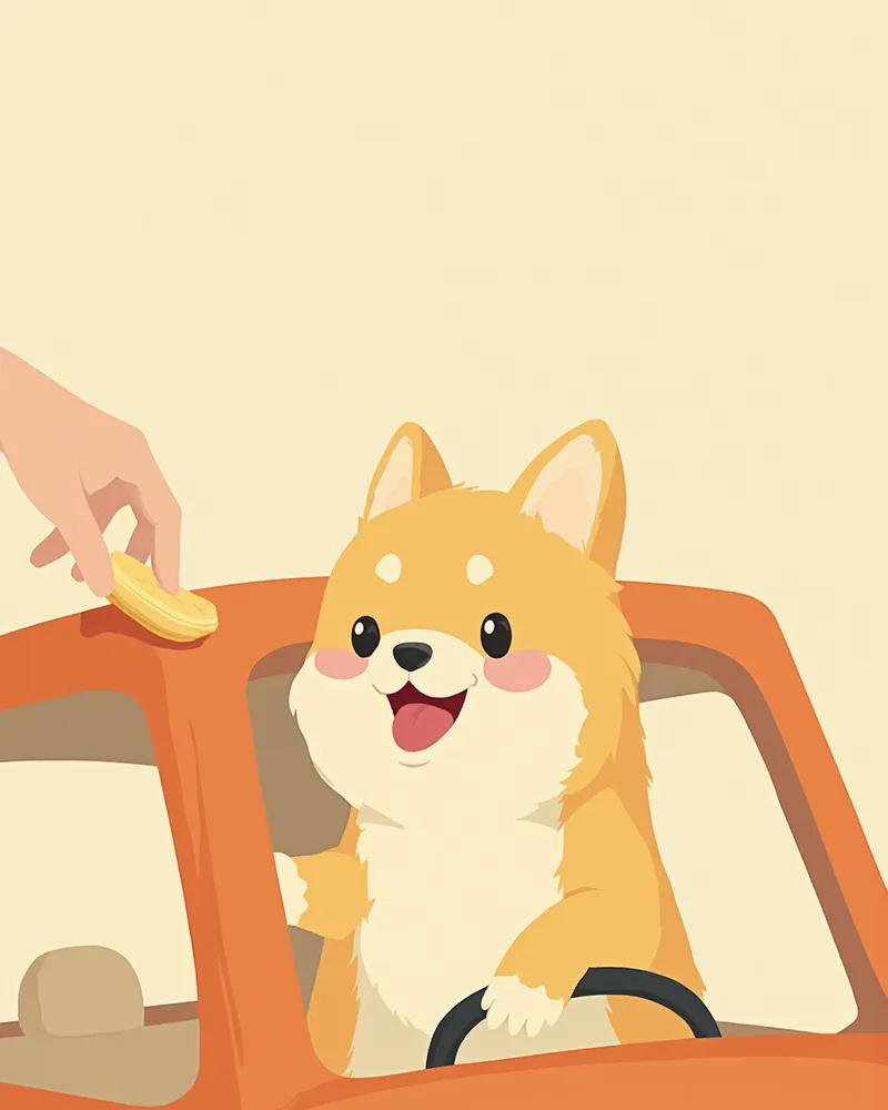 자동차 안에서 간식을 받는 강아지