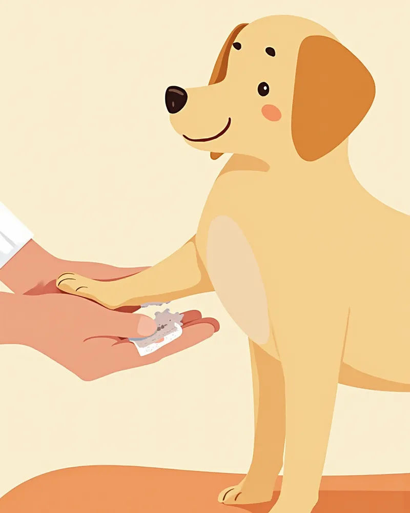 멸균거즈와 자가접착밴드로 강아지 발을 처치하는 모습