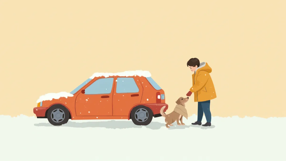 성에 낀 차 문을 열고 떨고 있는 강아지를 확인하는 보호자