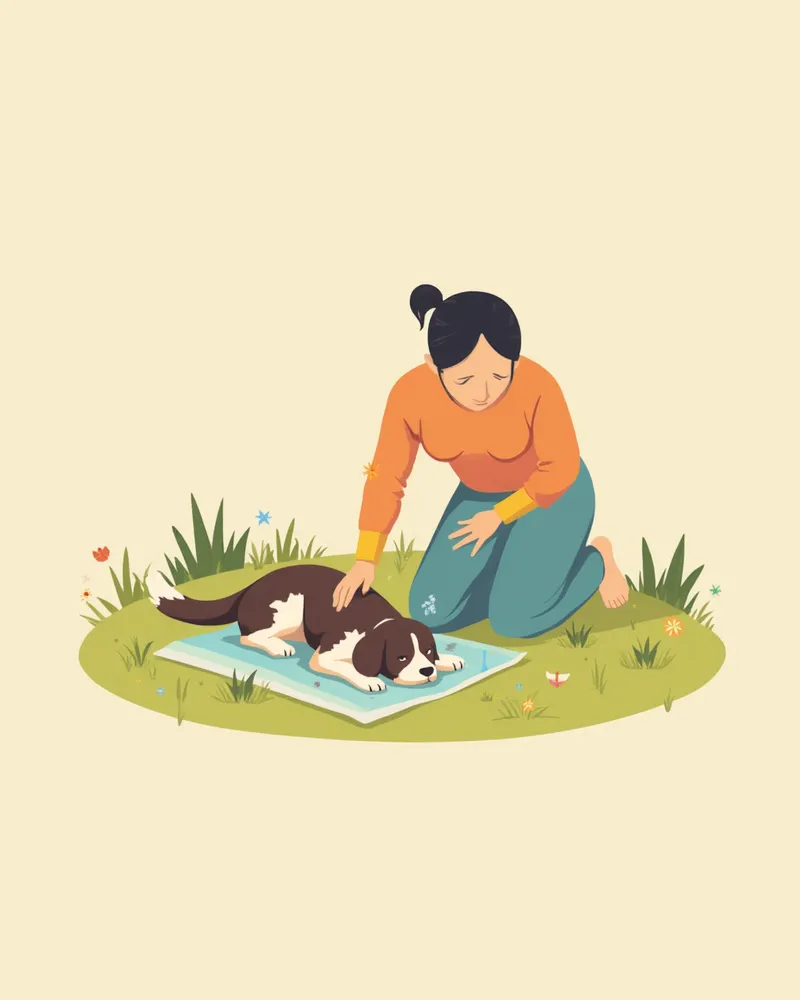 그늘에서 물수건으로 강아지를 냉각시키는 보호자