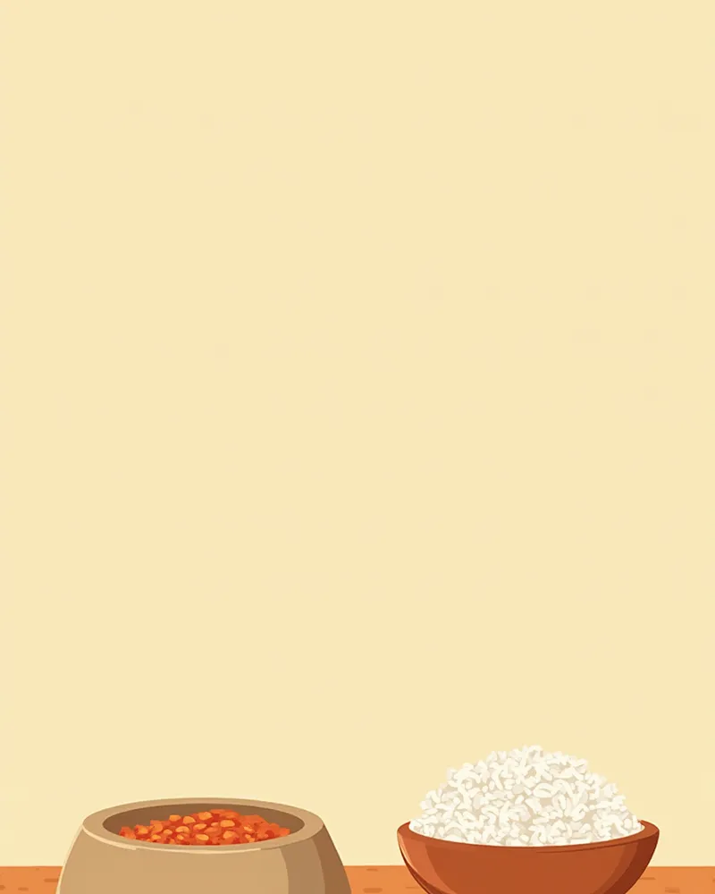 강아지 사료 옆에 놓인 익힌 백미 그릇