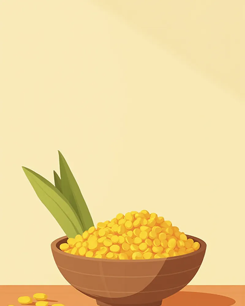 나무 그릇에 담긴 옥수수 알갱이와 사료