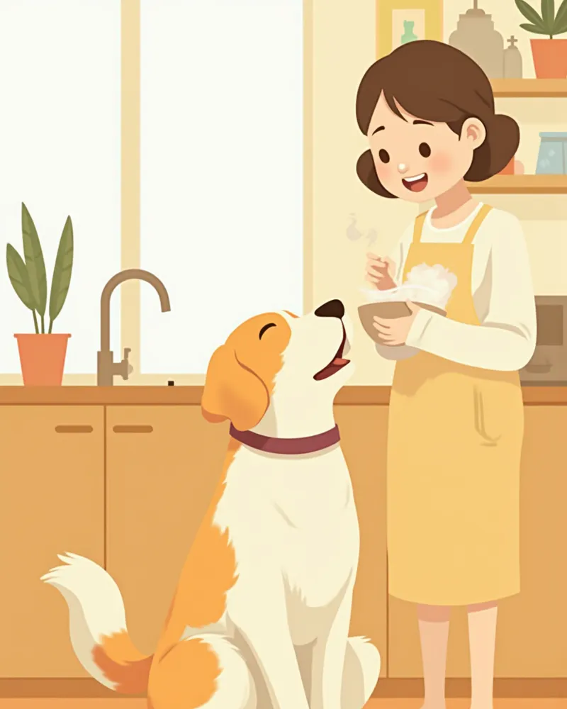 보호자가 주는 사료 그릇을 바라보는 행복한 강아지