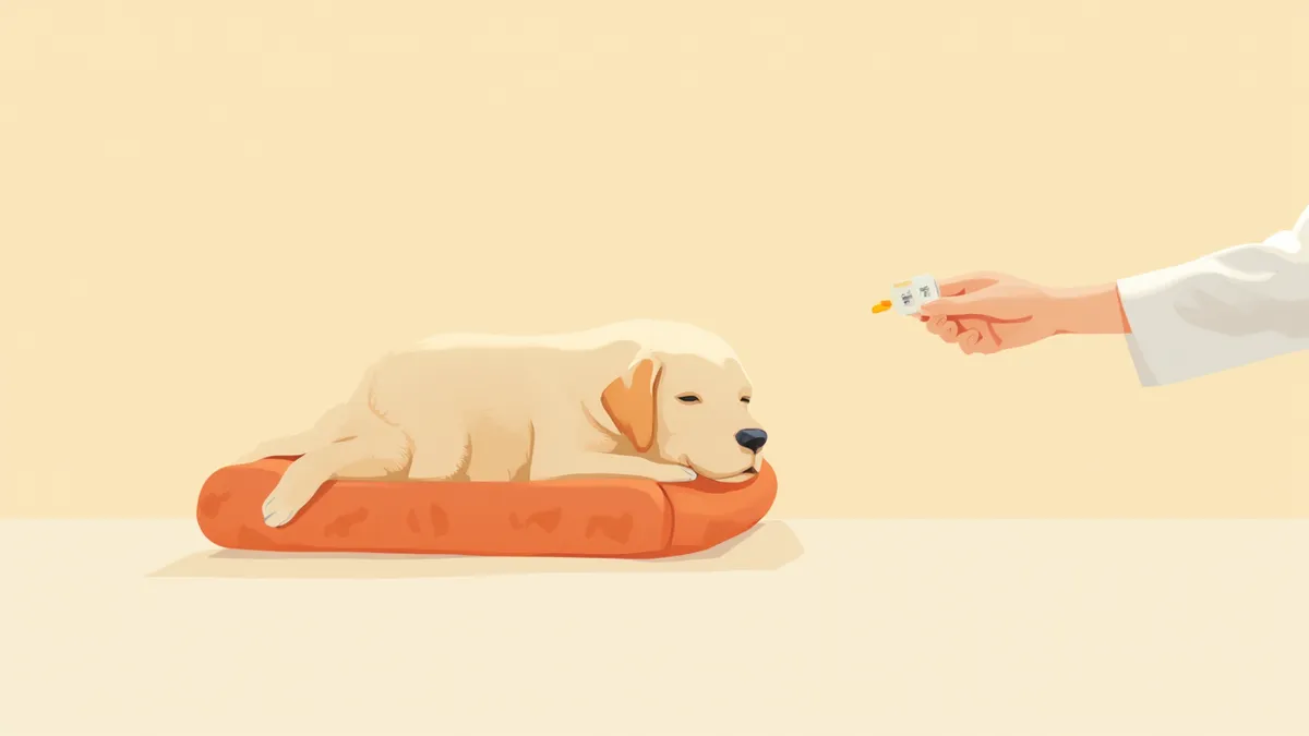 수의사에게 카프로펜을 받고 있는 시니어 래브라도 강아지