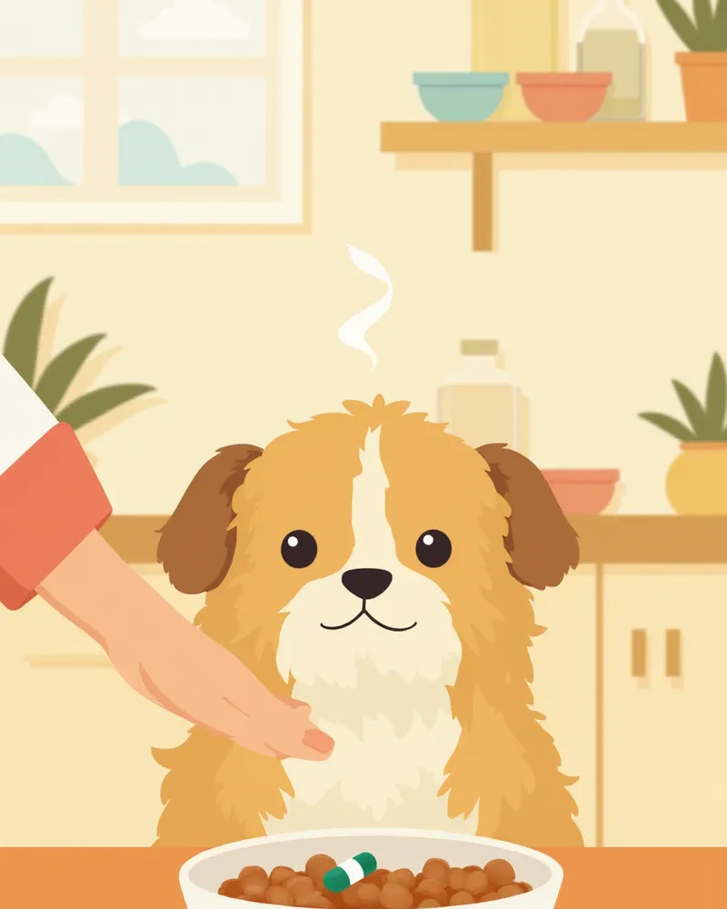 식사와 함께 카프로펜을 먹는 강아지