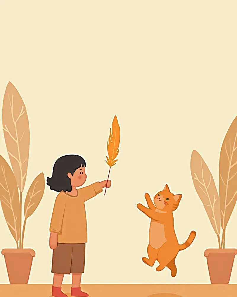 저녁에 깃털 장난감으로 놀아주는 모습