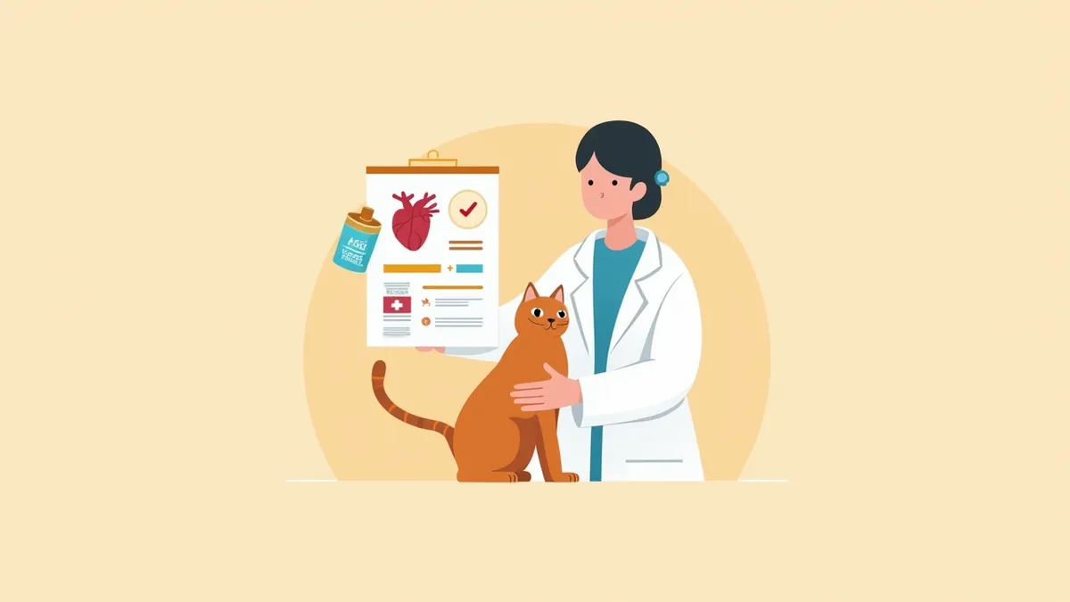 수의사가 고양이의 심장 건강과 약물 처방을 확인하는 장면