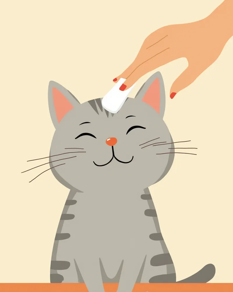 보호자가 폼 클렌저로 고양이 턱을 닦아주는 장면