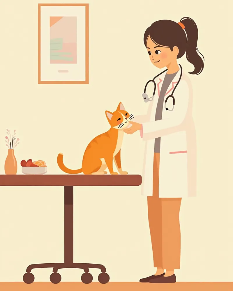 수의사가 동물병원에서 고양이 턱을 검사하는 모습