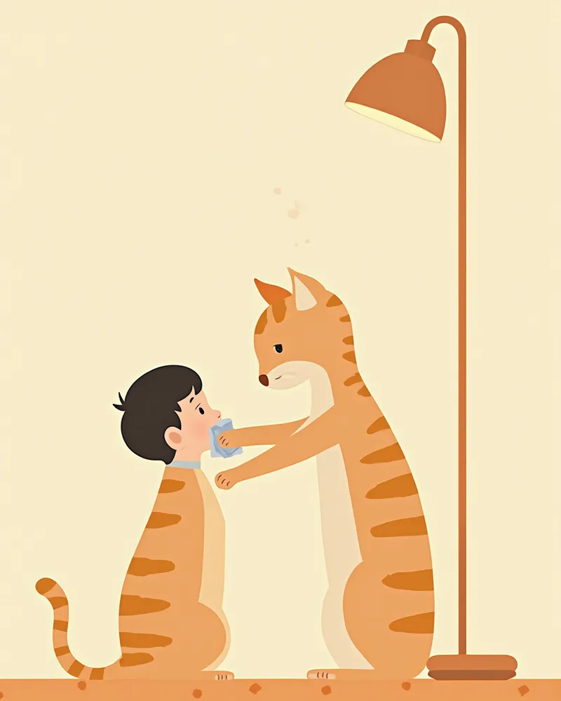 보호자가 부드러운 천으로 고양이 턱을 닦아주는 모습