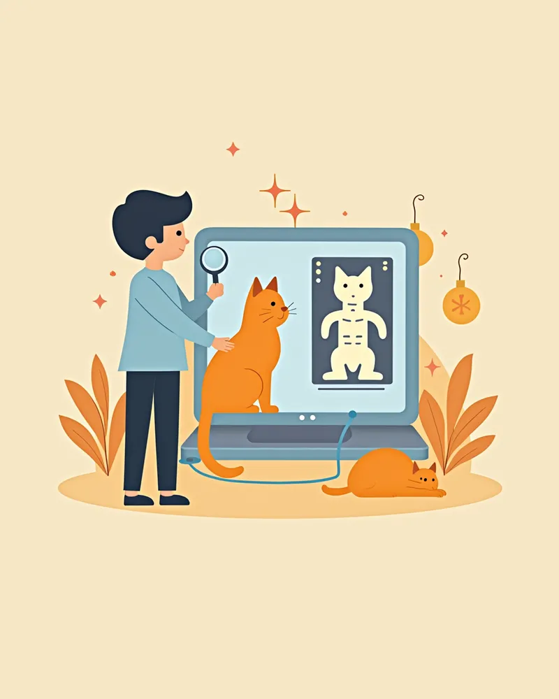 고양이 말단비대증 진단을 위한 MRI와 혈액 검사 결과를 보는 수의사