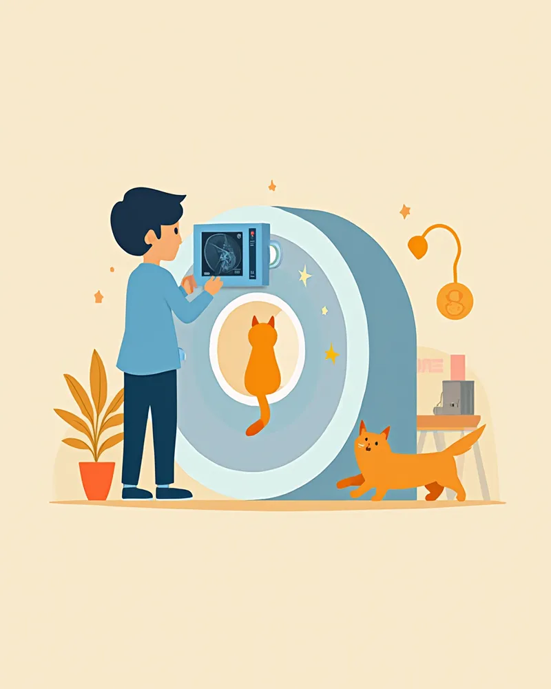 고양이 뇌 MRI 영상을 검토하는 수의 영상의학 전문가