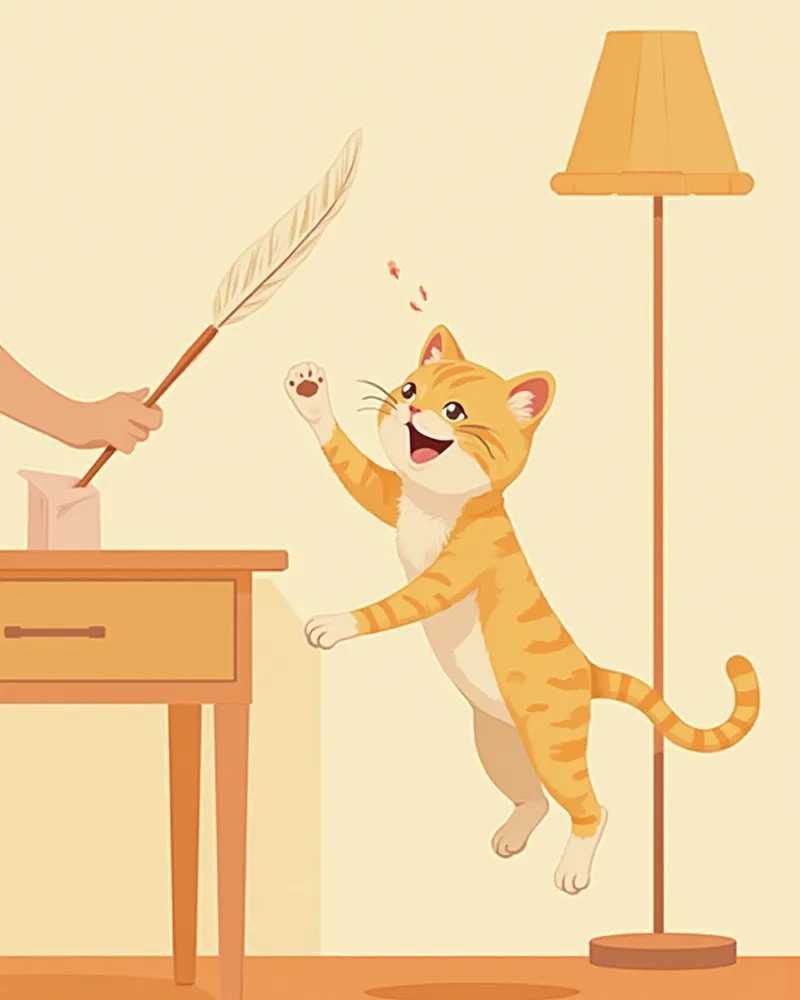 저녁에 낚싯대 장난감으로 사냥 놀이 중인 고양이