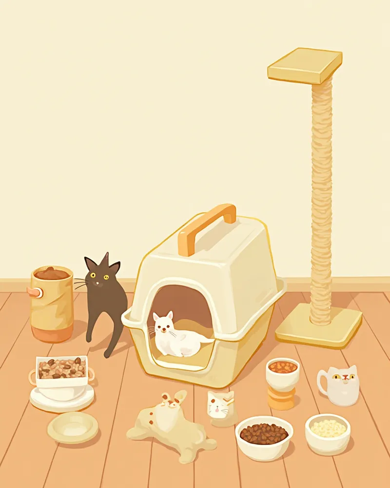 화장실, 사료그릇, 캐리어, 스크래처 등 고양이 필수 용품이 정리된 모습