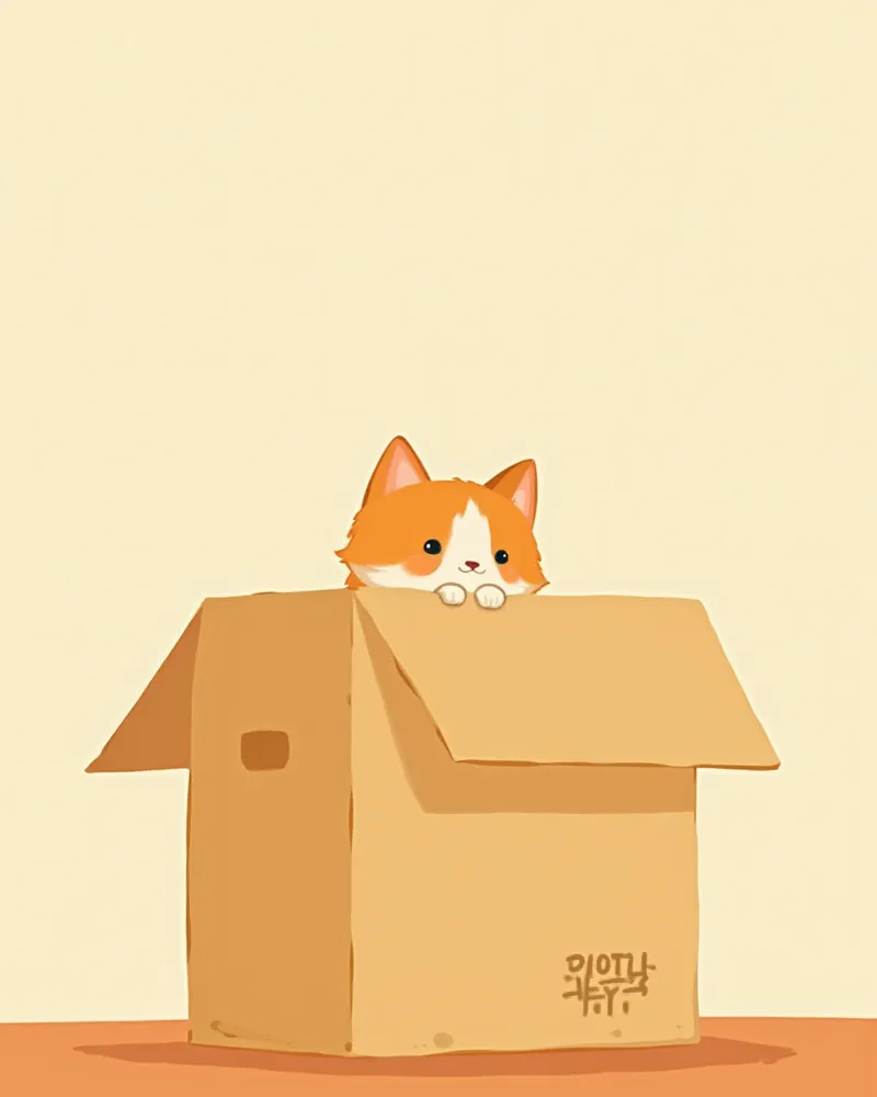 조용한 방에서 박스 뒤에 숨어 조심스럽게 밖을 바라보는 고양이