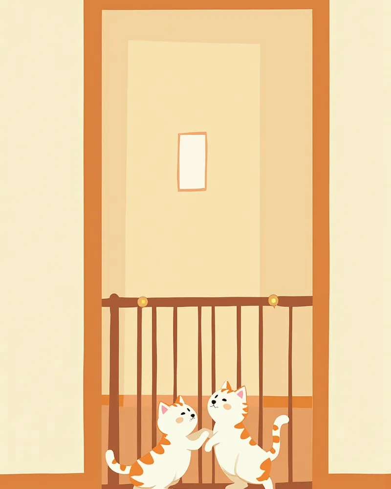 복도의 안전문을 사이에 두고 조심스럽게 서로를 살피는 두 마리 고양이
