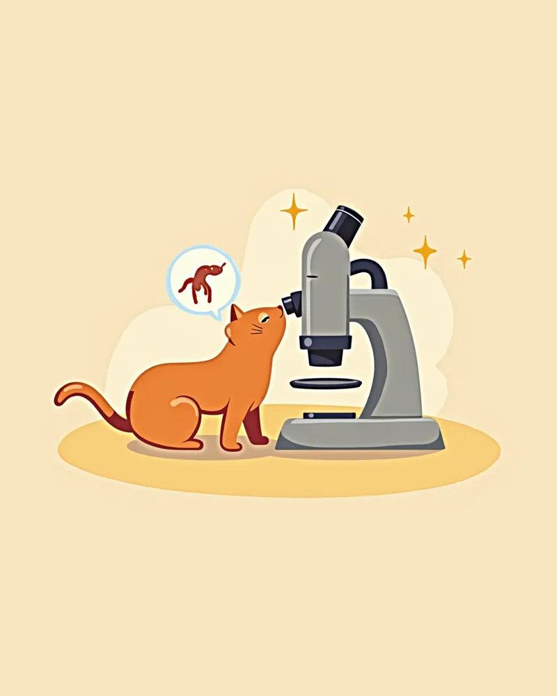 수의사가 고양이 대변을 현미경으로 검사하는 장면, 훅웜 알이 보이는 이미지