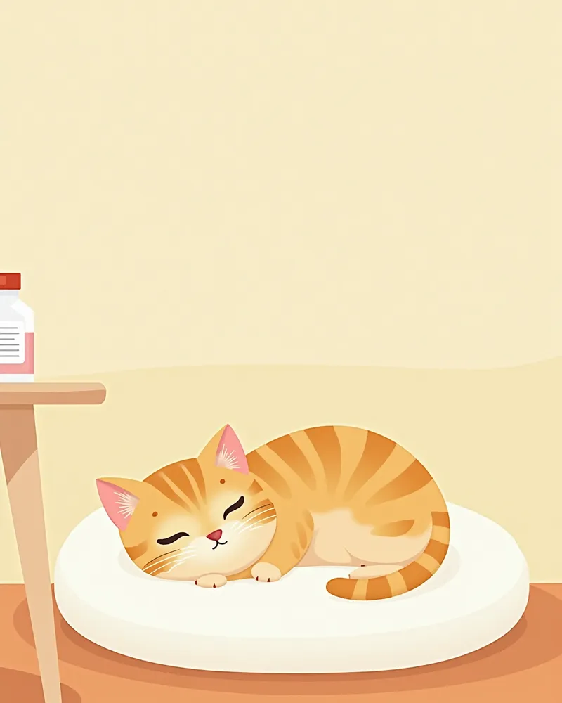 깨끗한 고양이 침대 위에 누워 있는 고양이, 탁자 위에 기생충 예방약이 놓여 있음