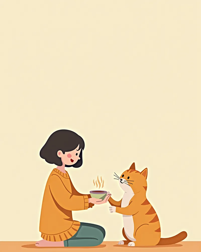 조용한 공간에서 데운 사료를 권하는 보호자