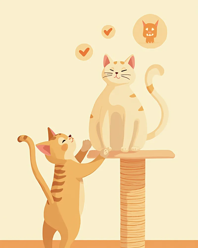 캣타워 앞에서 주저하는 고양이 일러스트