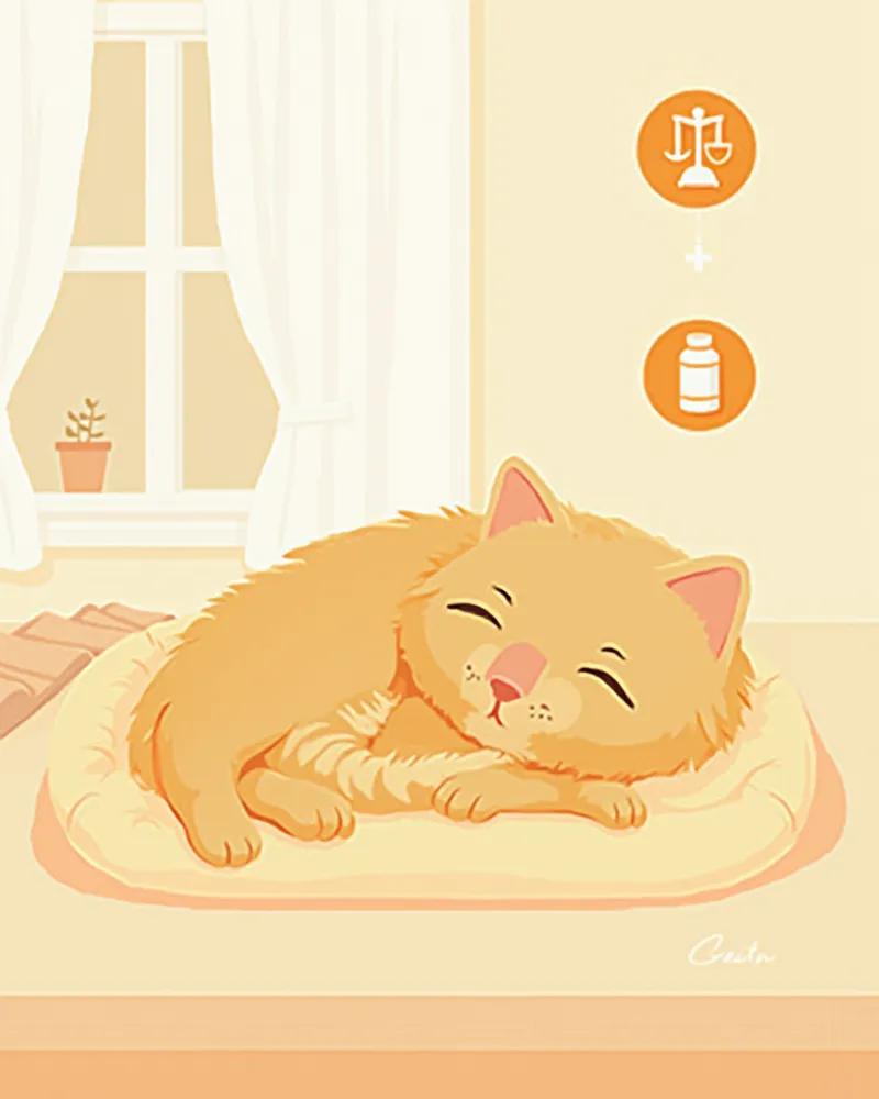 편안한 침대에서 쉬는 고양이와 경사로 일러스트
