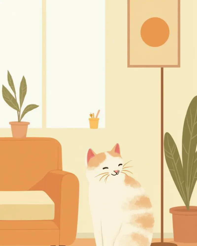 깨끗한 거실에서 공기청정기 옆에 앉아 있는 고양이