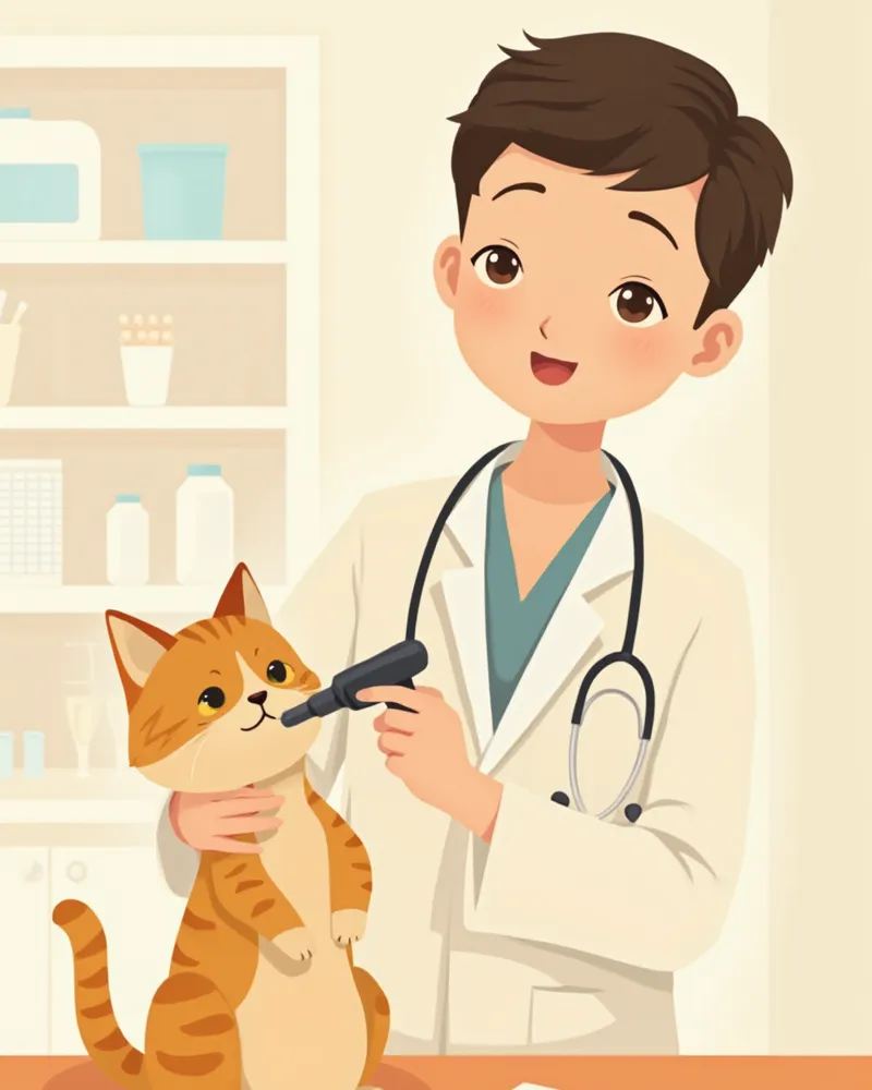 수의사가 고양이 귀를 검사하는 장면