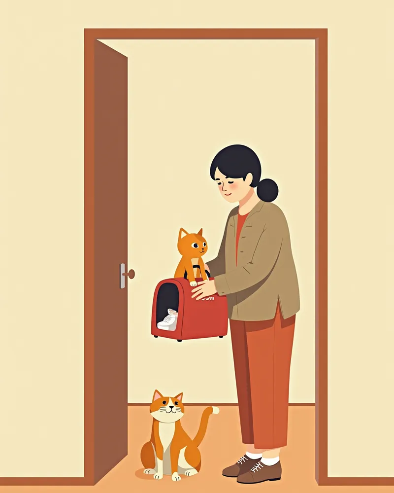 응급 동물병원으로 가기 위해 고양이를 이동장에 넣는 보호자
