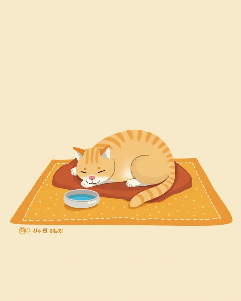따뜻한 담요 위에 누워 있는 고양이, 물병 옆에