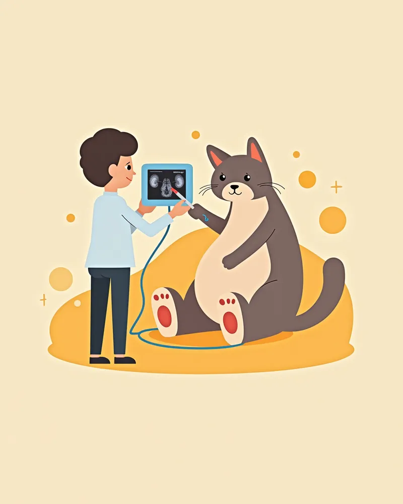 고양이가 복부 초음파 검사를 받는 모습, 화면에 신장 이미지 표시