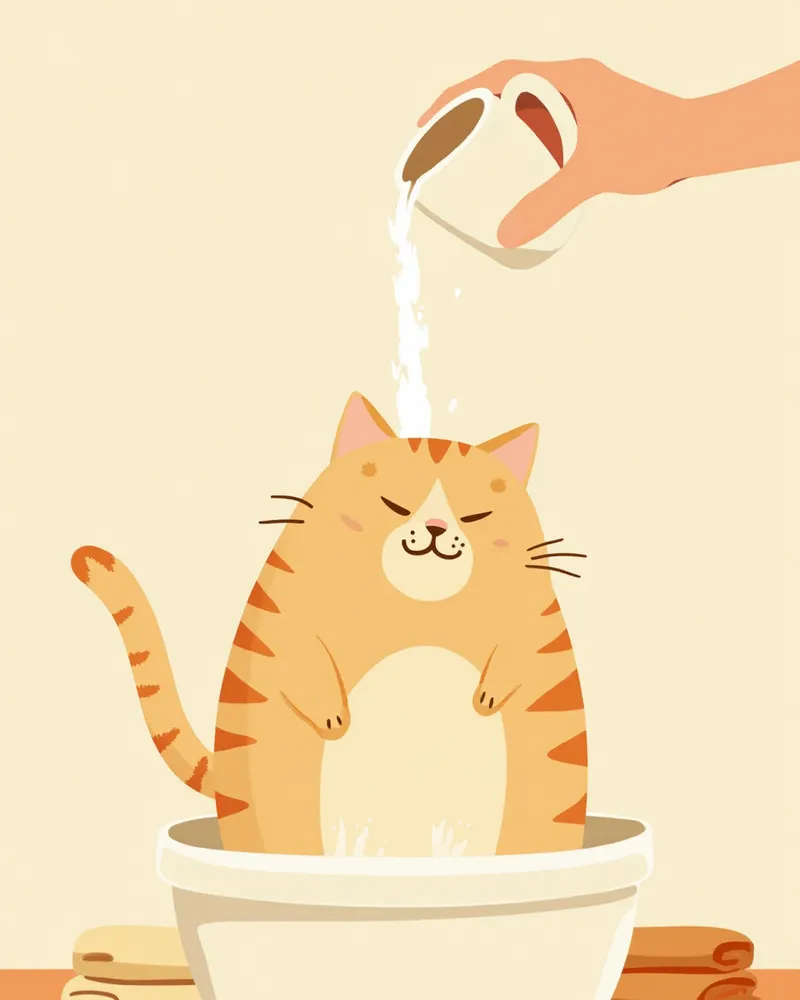 세면대에서 조심스럽게 목욕하는 고양이 일러스트