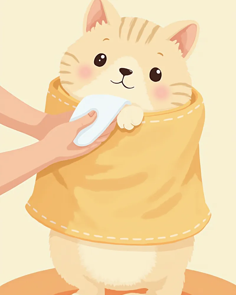 수건으로 감싸져 건조 중인 고양이 일러스트