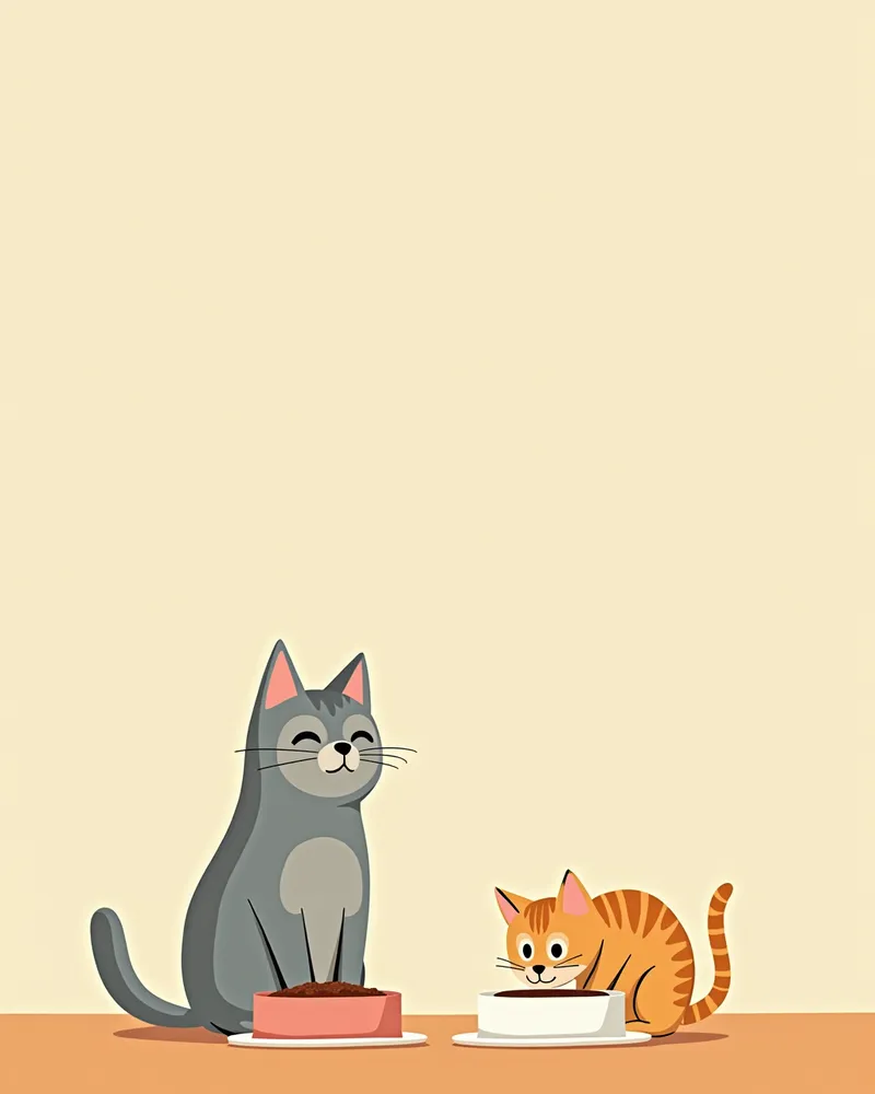 분리된 밥그릇 앞에 각자 자리한 두 마리 고양이
