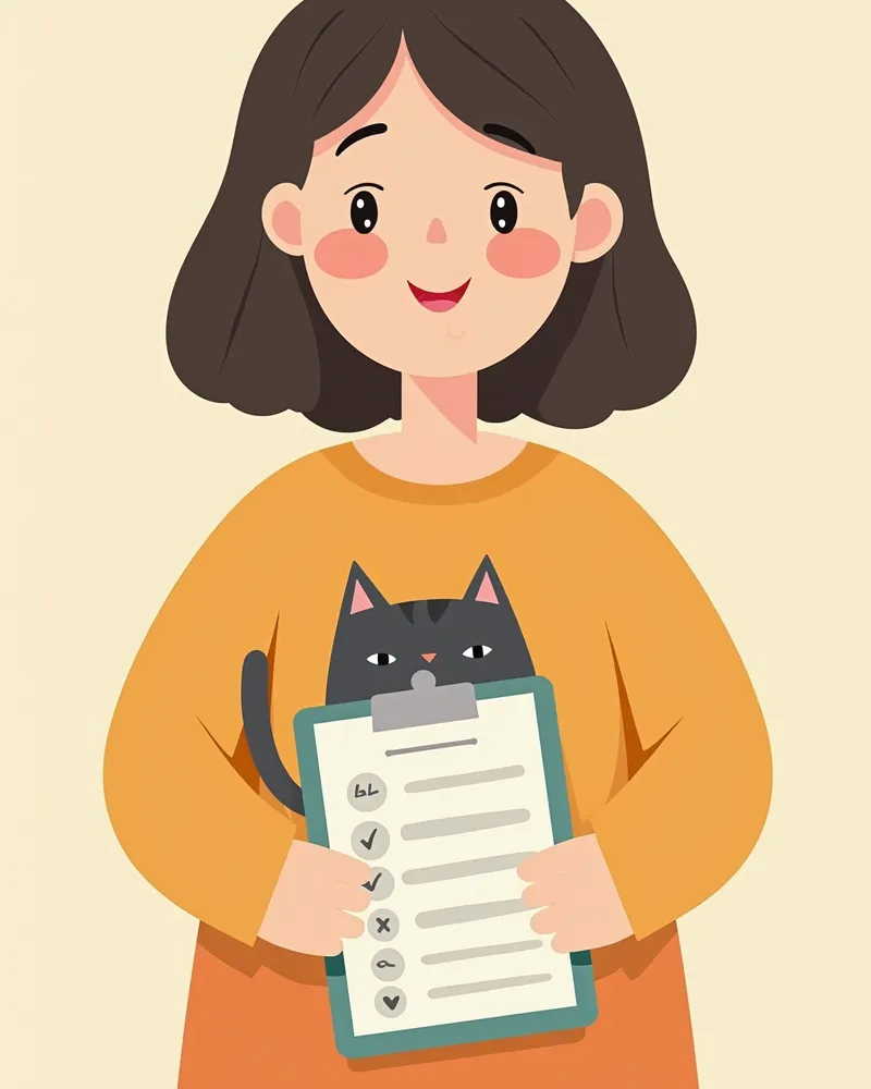 고양이 주인이 건강 기록 노트를 들고 수의사와 대화하는 모습