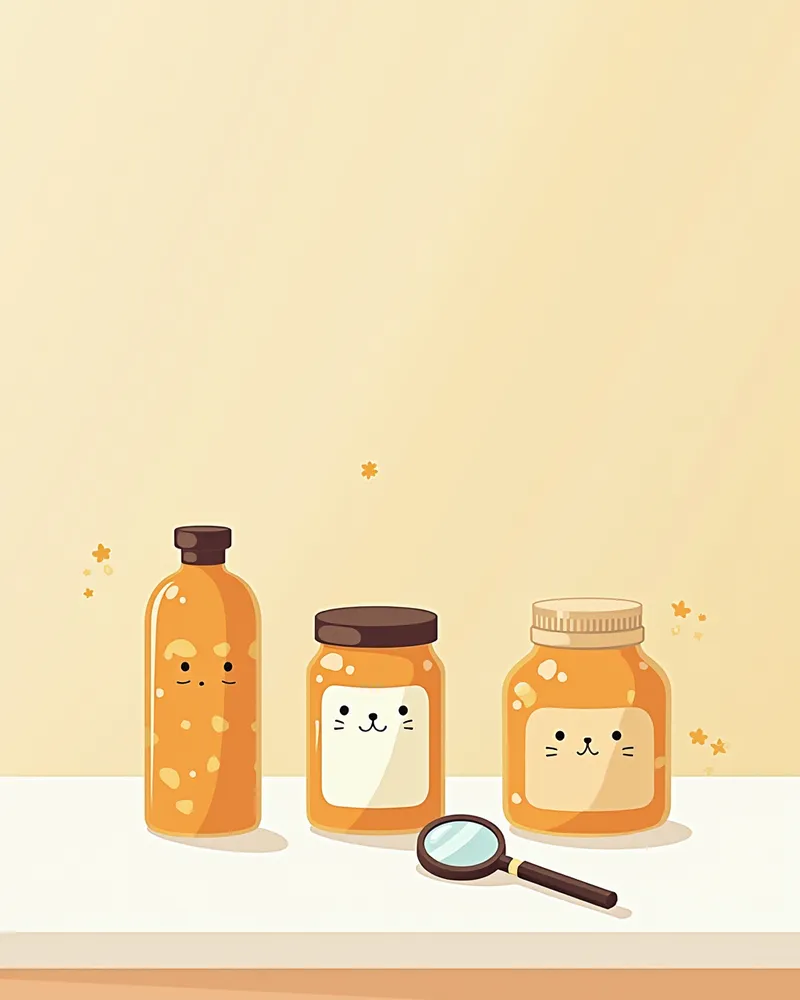 흰 테이블 위에 세 가지 고양이 보조제 병이 놓여 있고, 렌즈로 확대하고 있는 이미지