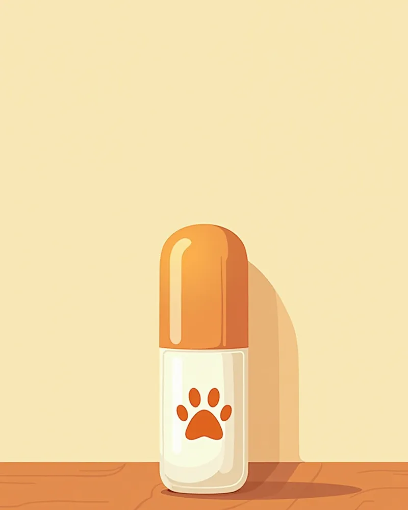 고양이 발자국이 새겨진 캡슐 병이 나무 테이블 위에 놓여 있는 이미지