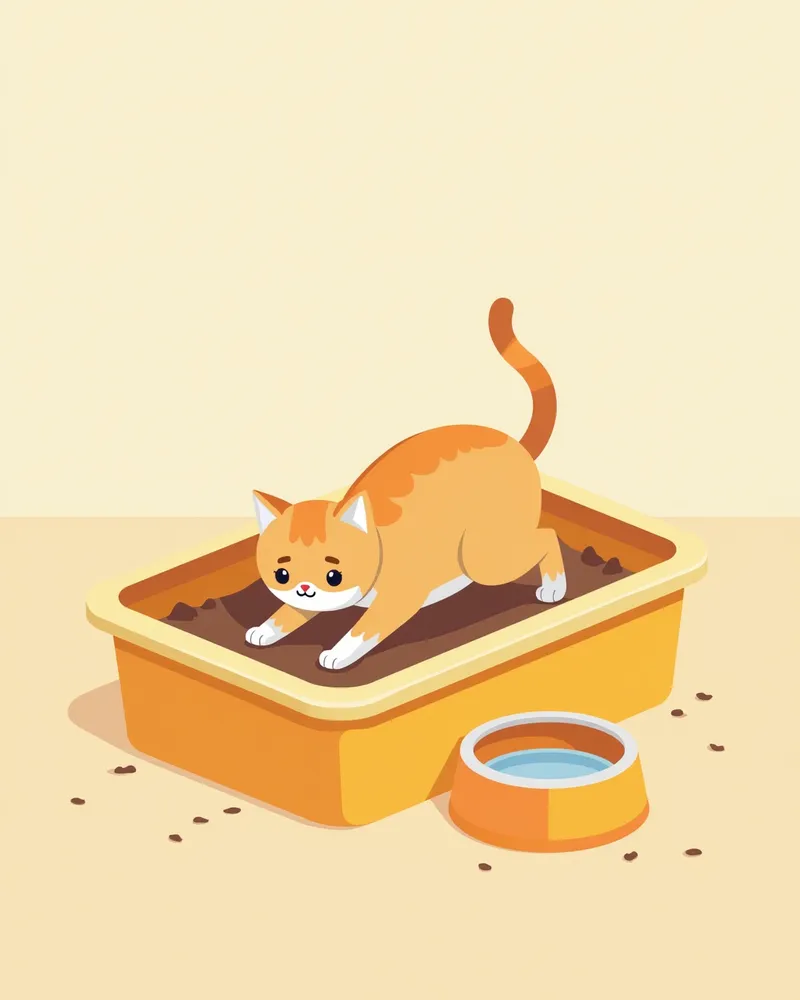 깨끗한 고양이 화장실과 물 그릇이 있는 장면