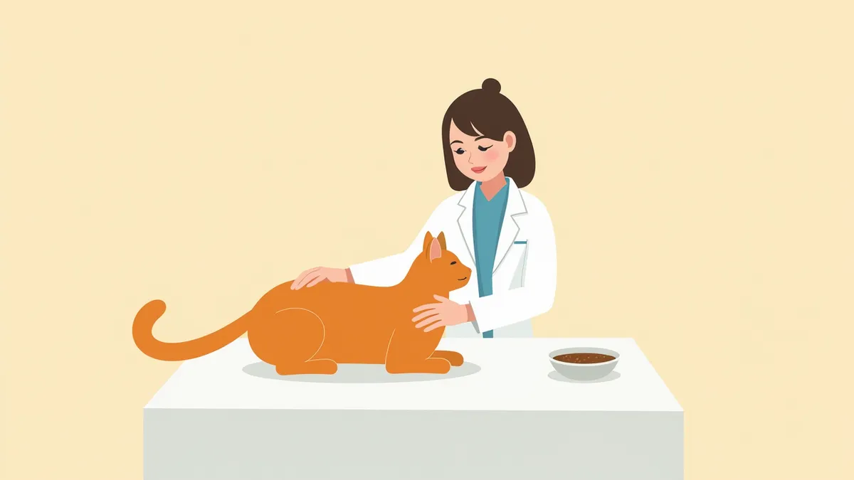 수의사가 고양이를 진찰하는 장면, 치료용 사료가 옆에 있음