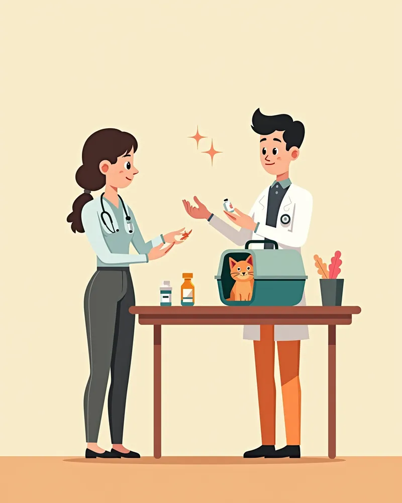 동물병원에서 고양이 멀미약 처방을 상담하는 보호자와 수의사