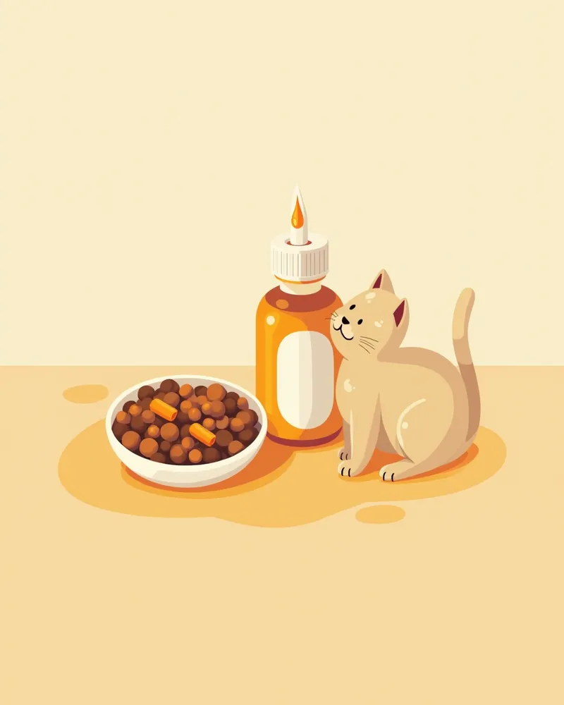 액상 형태의 항암 부작용 보조제와 고양이 사료가 함께 있는 이미지